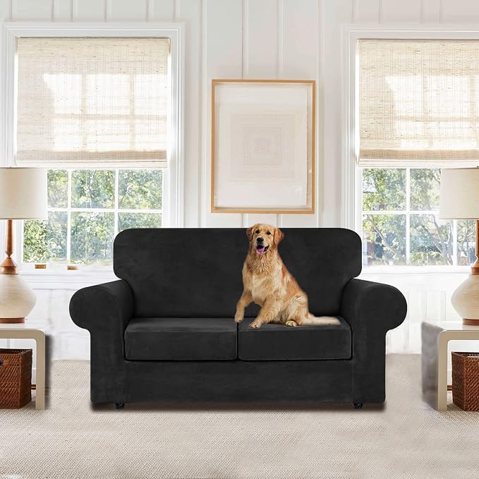 WEERRW Velvet Stretch 3 Pieces Couch Cover for Sofa Washable, Black | Love Seat Couch Covers for 2 Cushion Couch Sofa Furniture Protector slipcoves with Elastic Bottom for Kids, Medium