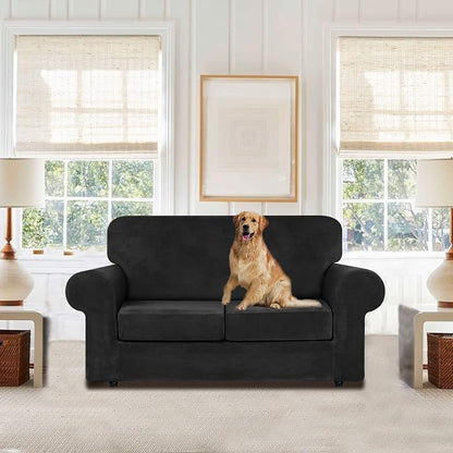 WEERRW Velvet Stretch 3 Pieces Couch Cover for Sofa Washable, Black | Love Seat Couch Covers for 2 Cushion Couch Sofa Furniture Protector slipcoves with Elastic Bottom for Kids, Medium