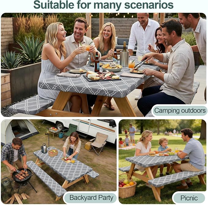 Picnic Table Cover Bench Covers Camping Essentials Tablecloth | Waterproof Vinyl for Outdoor, Windproof Elastic Fitted Edges, RV BBQ Accessories Must Haves, Storage Bag Included