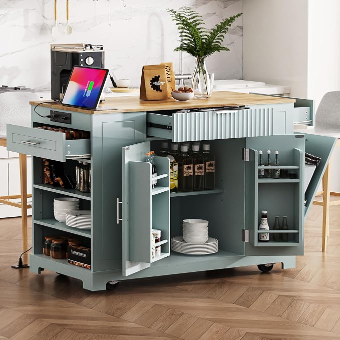 Ball & Cast Fluted Kitchen Island with Trash Can Storage Cabinet,Power Outlet,Internal Storage Rack,Rolling Kitchen Islands On 5 Wheels W/3 Drawer&3 Open Side Racks for 10 Gallon Garbage Bin,Grey Blue