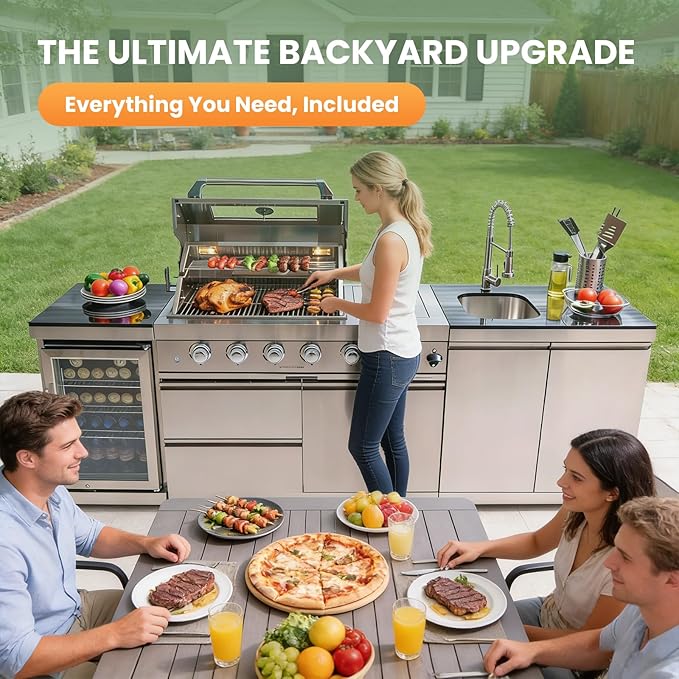 Outdoor Gas Grill Island with Refrigerator, 4 Burner 72,000 BTU BBQ Grill with Side Burner, Infrared Rotisserie, Granite Countertop, Stainless Steel Outdoor Kitchen (Silver+98in)