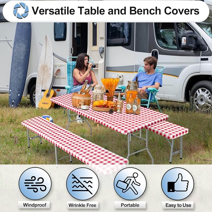 OutdoorLines Vinyl Fitted Picnic Table Cover with Bench Covers | Elastic Waterproof Camping Tablecloth for Picnic Table (Checkered Red 96x30 Inch, 3 Pcs)