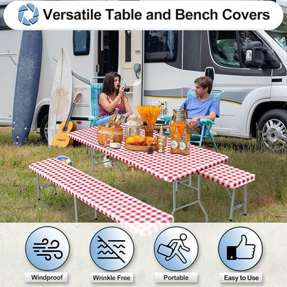 OutdoorLines Vinyl Fitted Picnic Table Cover with Bench Covers | Elastic Waterproof Camping Tablecloth for Picnic Table (Checkered Red 96x30 Inch, 3 Pcs)
