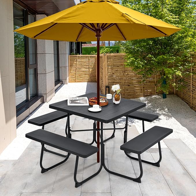 Tangkula 8 Person Picnic Table, Outdoor Square Picnic Table with 4 Built-in Benches, Umbrella Hole, Metal Frame & HDPE Tabletop, Outside Table and Bench Set for Backyard, 2300lbs Weight Capacity