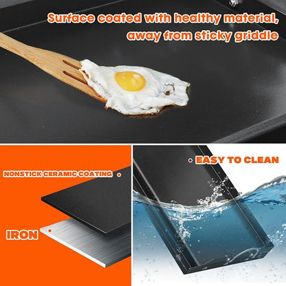 onlyfire 25" x 16" Ceramic Coated Non-Stick Flat Top Griddle Insert | Removable Handles, Wavy Ventilation, Grease Groove, For Gas and Charcoal Grills, Tailgating, Camping and Parties