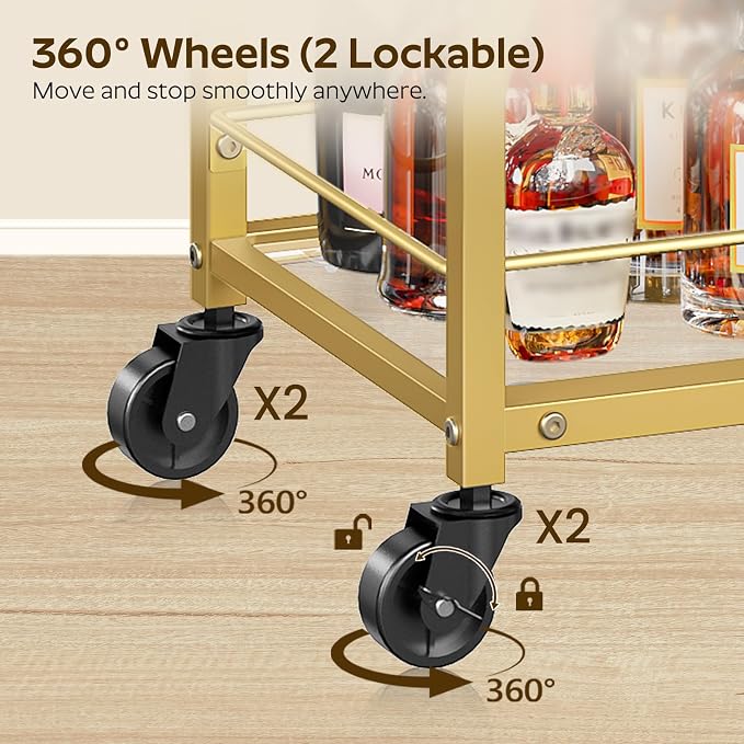 Bar Cart, 3-Tier Home Bar Serving Cart with Wheels, Drink Cart with Glass Holder, Beverage Cart, Rolling Kitchen Cart, for Home, Living Room, Transparent and Gold BC03GD