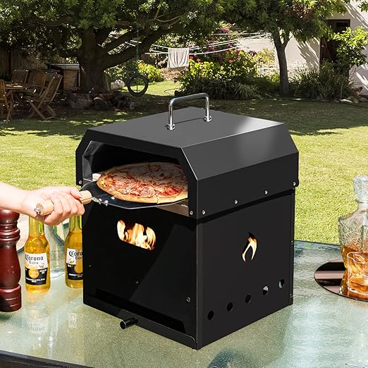 COSTWAY Outdoor Pizza Oven, 4-in-1 Detachable Pizza Oven with Pizza Stone, Cooking Grill, Pizza Shovel, Convenient Handle, Waterproof Cover for Camping, Hiking, Picnic, BBQ