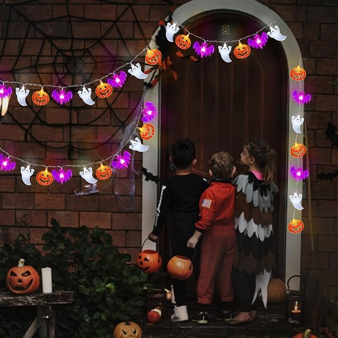 2 Pack Halloween Lights Indoor Outdoor Decorations Total 40FT 60 LED Pumpkin Bat Ghost Halloween String Lights Battery Operated, 8 Modes Waterproof Spooky Fairy Lights Home Yard Window Outside Decor