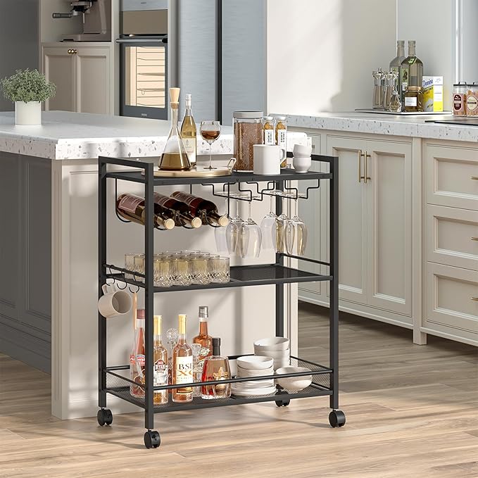 Joaxswe Bar Cart,3-Tier Home Bar Serving Cart with Lockable Wheels,Black | Microwave Cart,Mobile Kitchen Shelf,Rolling Beverage Cart with Wine Rack and Glass Holder for Kitchen,Dinning Room