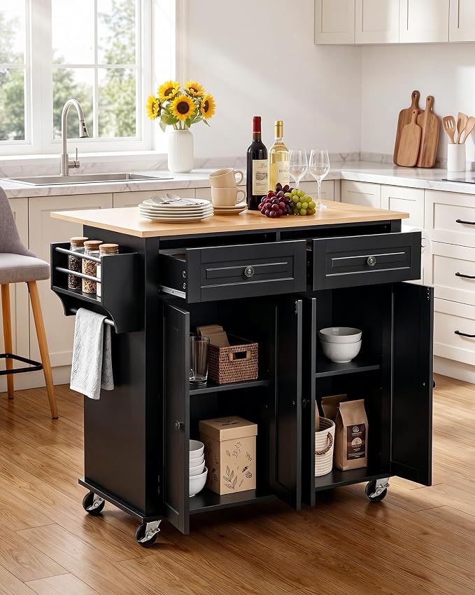 VEVOR Kitchen Island Cart with Storage, 43.58 in Wide Mobile Rolling Storage Island on Swivel Wheels, with 2 Drawers, Storage Cabinet, Drop Leaf, Spice/Towel Rack, Table for Home Dining Room, Black | Home Dining Meal Prep Station With Spice Towel Rack ...