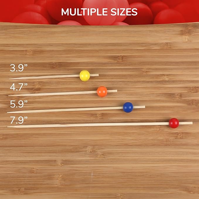 BambooMN Decorative Ball End Cocktail Fruit Sandwich Picks Skewers for Catered Events, Holiday's, Restaurants or Buffets Party Supplies - 4.7" Red, 100 pcs