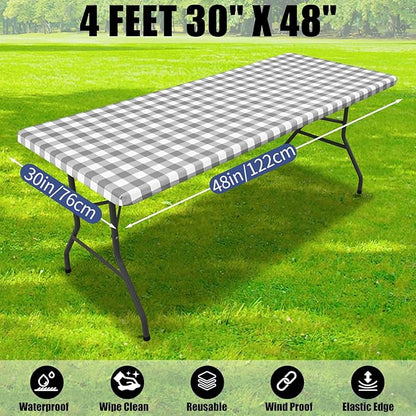 Smiry Picnic Table Cloth 2 Pack, Waterproof Elastic Fitted Tablecloths for 4FT Rectangle Tables, Washable Polyester Buffalo Plaid Tablecloth for Camping, Dining & Outdoor (Grey & White, 30" x 48")