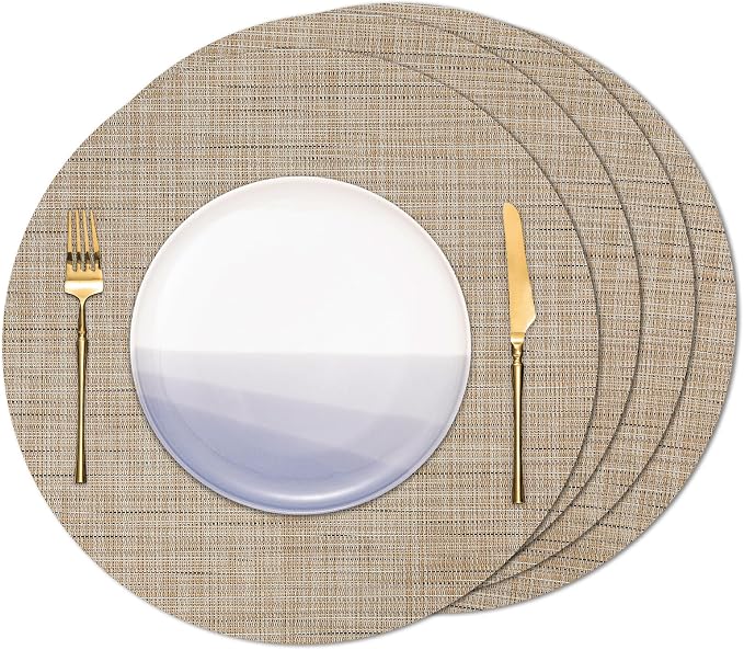 15 Inch Round Placemats Set of 4, Washable Vinyl Woven Place Mats | Heat Resistant Non-Slip Braided Table Mats for Dining Table Kitchen Indoor & Outdoor Use (Beige, Set of 4)