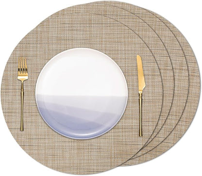 15 Inch Round Placemats Set of 4, Washable Vinyl Woven Place Mats | Heat Resistant Non-Slip Braided Table Mats for Dining Table Kitchen Indoor & Outdoor Use (Beige, Set of 4)