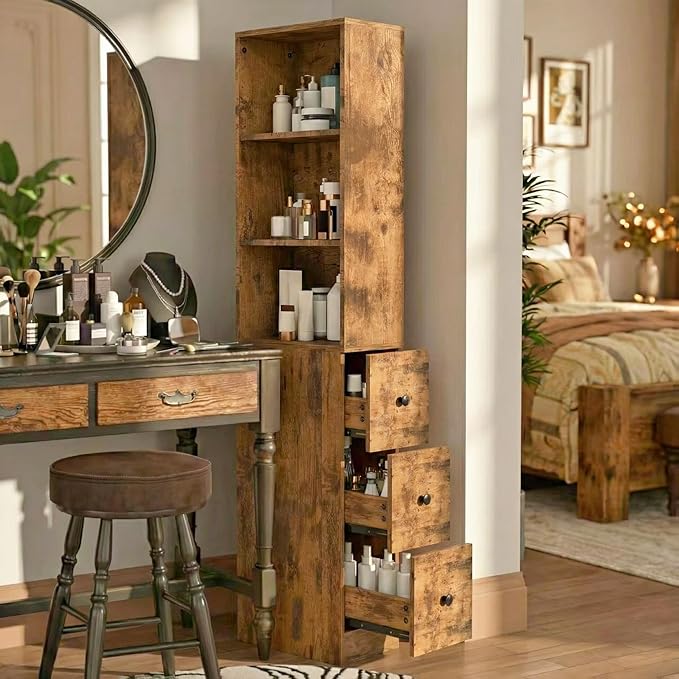 ARTETHYS Storage Cabinet Tall Narrow Bathroom Organizer with 3-Level Adjustable Shelves Slim Free Standing Space Saver for Living Room Kitchen, Rustic
