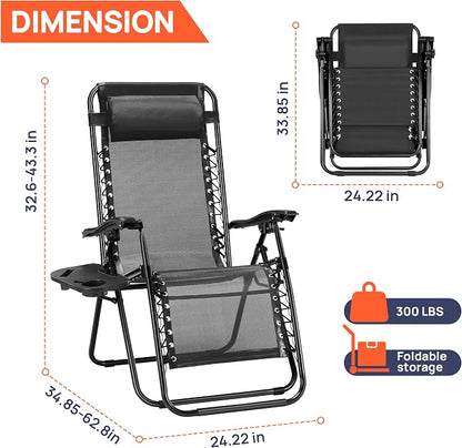 Alpen Zero Gravity Lounge Chair Set of 2, Patio Chair for Beach Pool, Black | Chaise Lounge Chairs for Outside, Portable Camping Chairs with Pillow and Cup Holder, Outdoor Recliner for Beach Camping