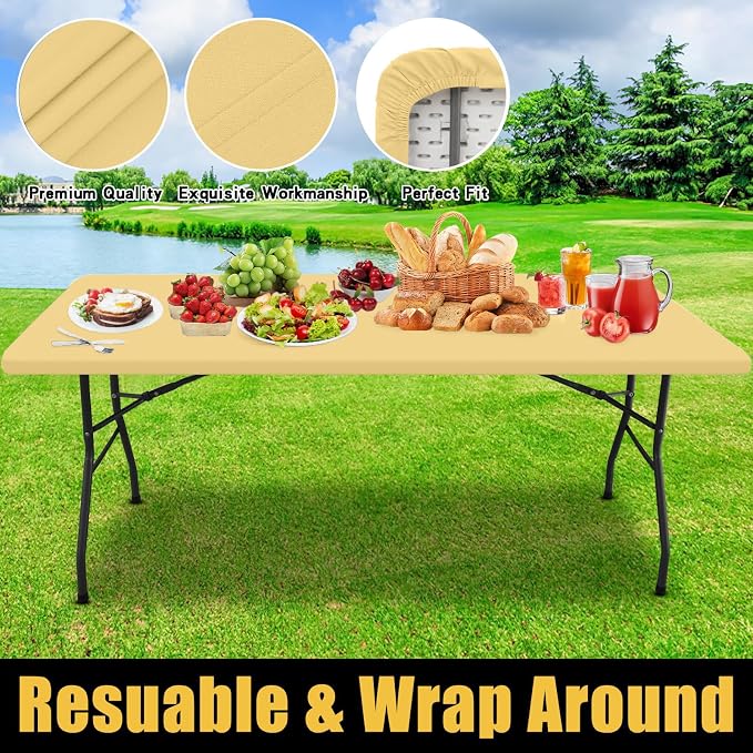 Smiry Rectangle Picnic Table Cloth, Waterproof Elastic Fitted Tablecloths for 8 Foot Tables, Washable Polyester Table Cover for Camping, Indoor and Outdoor (Light Camel, 30"x96")