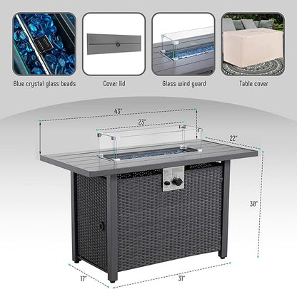Werph 43" Propane Fire Pit Table with Rattan Fence, 50,000 BTU Gas Fire Pits for Outside Patio with Auto-Ignition, 2-in-1 Fire Table with Natural Lava Rock, Wind Guard& Removable Lid, Black