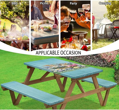 Easter Bunny Picnic Table Cover Elastic Fitted Table Cloth for Camping Party Easter Bunny Picnic Table Cover with Bench Covers 3 PCS for Outdoors