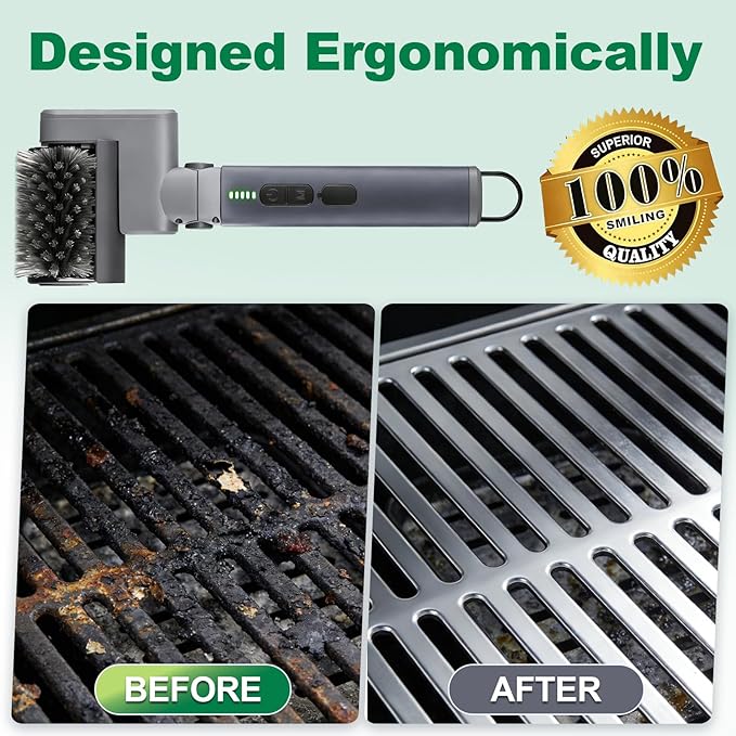 Samek Electric Grill Brush,Cordless Electric BBQ Grill Cleaner with 3 Replacement Heads, Cordless Rechargeable, 3-Speed Power Control, Adjustable Angle, Gray