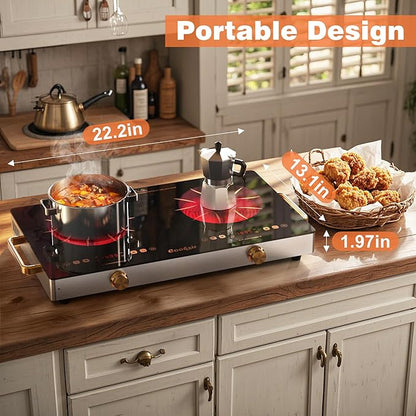2 Burner Electric Cooktop - 24 Inch Portable Electric Stovetop 110V, 2000W Countertop Tow Burner Ceramic Cooktop with LCD Control Panel, Child Lock, Timer, Knob Control with Plug (Golden)