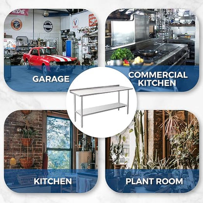 Profeeshaw Stainless Steel Prep Table 24''x72'' Workbench with Backsplash | NSF Commercial Metal Work Table, with Undershelf, Heavy Duty Table, for Kitchen, Restaurant, Home, Gargae and Hotel, 18-gauge