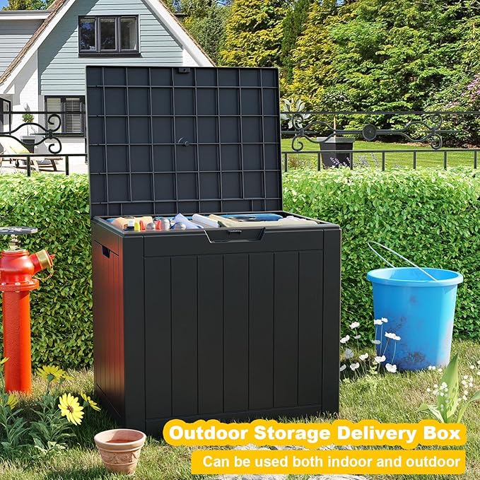 PatioZen 35 Gallon Deck Box Outdoor, Weatherproof Resin Patio Storage Box, Waterproof Outdoor Storage Boxes with Lid Lockable for Cushions, Garden Tools,Black