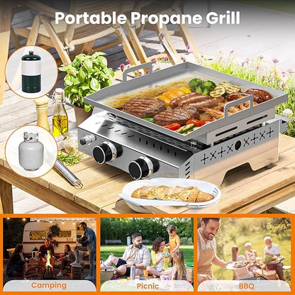 WAA Portable Propane Griddle, 16000BTU Tabletop Portable Propane Gas Grill with 2 Burners, Stainless Steel Flat Top Grill, Outdoor Cooking for Tailgating,Camping, RVs, BBQ, Patio, Silver