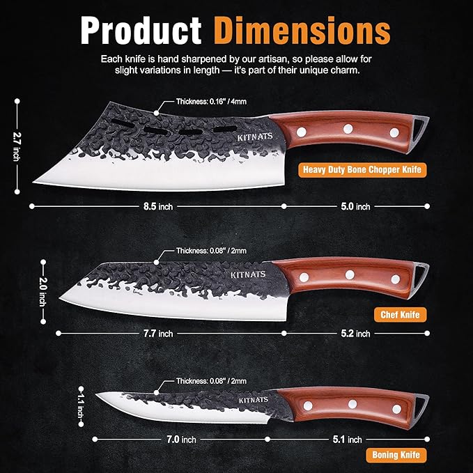 KITNATS Hand Forged Butcher Knife Set, 3PCS BBQ Knife Set with Meat Cleaver, Chef Knife & Boning Knife, High Carbon Steel Cleaver Knife Set for Meat Cutting, Camping, Outdoor Cooking, Gift for Men