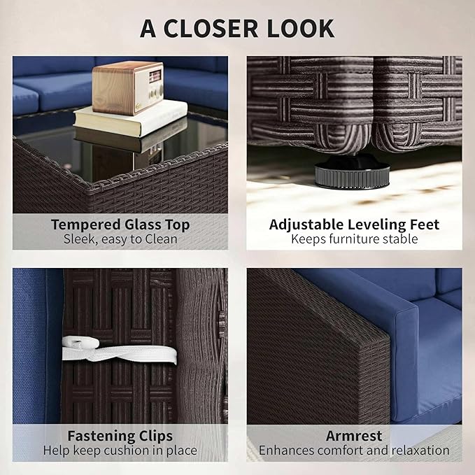 Outsunny 7 Piece Patio Furniture Set, Wicker Outdoor Sectional Sofa Set, All Weather PE Rattan Outdoor Furniture Conversation Sets with Cushions, Glass Top Coffee Table, Dark Blue