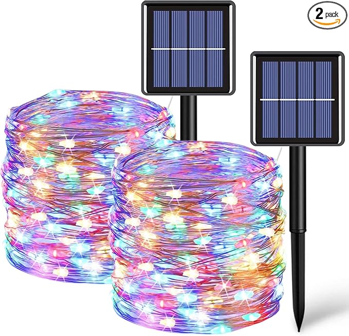 QITONG Multicolor Solar Fairy Lights, 2 Pack Each 66ft 200 LED String Lights Outdoor, Silver Wire Solar Christmas Lights with 8 Modes