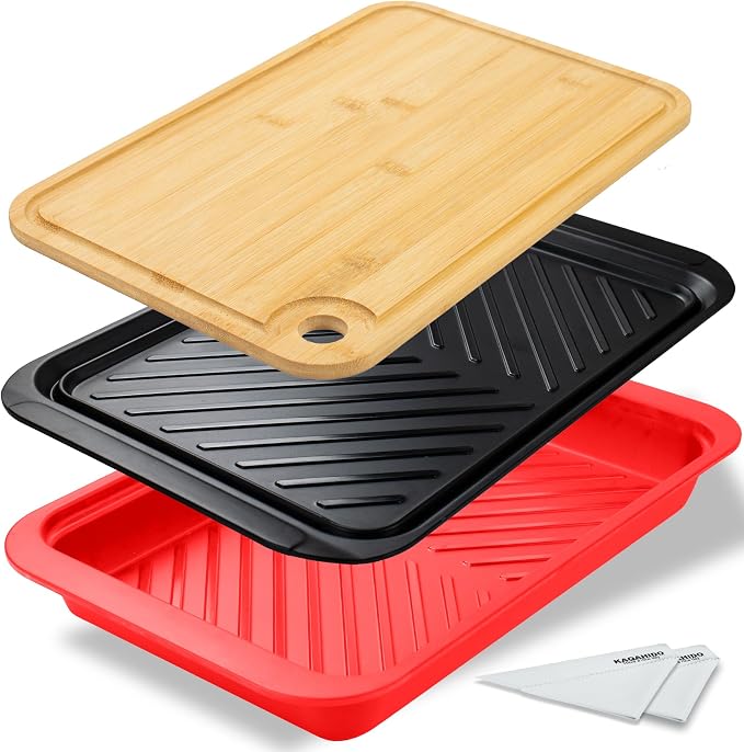 KAQAHIDO Grilling Bamboo Prep and Serving Tray, Dishwasher-Safe | BBQ Platter for Raw Meat Marinating and Finished Cooked Food, Melamine Serving Tray, Set of 2, Cleaning Pack Included