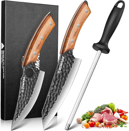 3PCS Hand Forged Japanese Chef Knife Set for Cooking, Kitchen Knife for Meat Cutting, High Carbon Steel Sharp Boning Knife, Chefs Knife, Honing Rod for Camping, BBQ, Outdoor Gift for Men