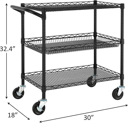Finnhomy 3 Tier Heavy Duty Commercial Grade Utility Cart, Wire Rolling Metal Trolley with Handle Bar, Steel Kitchen Service Cart with Wheels, Food Storage Trolley on Wheels, NSF Listed, Black