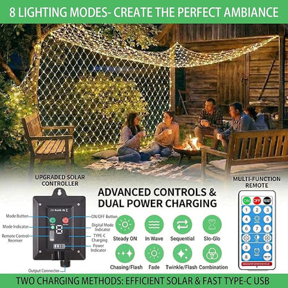 Pooqla Solar Net Lights, 21x5ft 360LED Christmas Net Lights Outdoor with 8 Modes, Solar & USB Powered Waterproof Green Wire Net Mesh String Lights for Bush Backyard Patio Decor, Warm White