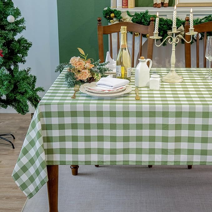 Green and White Gingham Tablecloth, Spring Plaid Waterproof Table Cover for Easter, Indoor Dining, Kitchen Table, Garden Picnic, Washable Rectangle Tablecloth for Home Use, W60 x L144 in