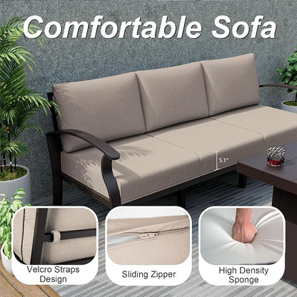 ALAULM Aluminum Patio Furniture Set with Coffee Table Rectangular, 9-seat Outdoor Sectional Furniture w/Swivel Chairs and 2 Ottomans, Patio Conversation Set for Porch, Backyard, Poolside-Sand