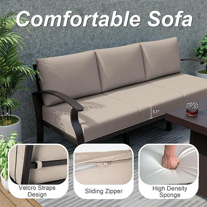 ALAULM Aluminum Patio Furniture Set with Coffee Table Rectangular, 7-seat Outdoor Sectional Furniture w/Swivel Chairs, Patio Conversation Set for Porch, Backyard, Poolside-Sand