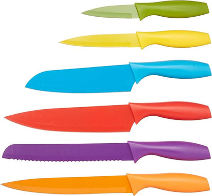Amazon Basics Color-Coded Dishwasher Safe Kitchen Knife Set, 12-Piece with Ergonomic Handles, Non-stick Sharp Blades, 6 Knives with 6 Blade Guards, Multicolor, 13.88 x 4.13 x 1.38 inch