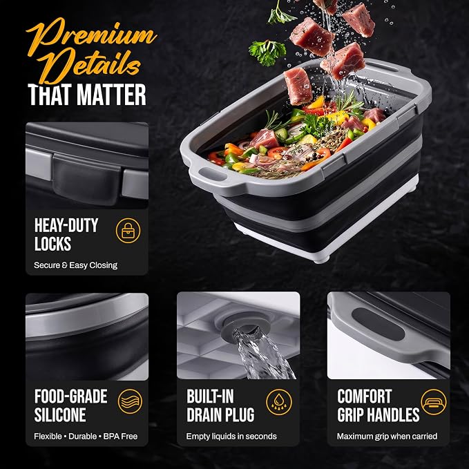 Collapsible BBQ Prep Tub with Lid & Cutting Board Jr - 3-in-1 by Smoker Chef - 2.1 Gal - 15.9"L x 12.5"W x 5.63"D
