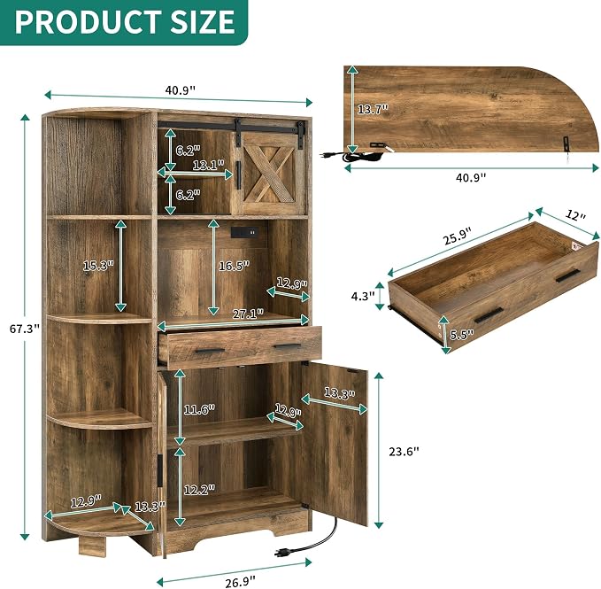 YITAHOME 67" Farmhouse Pantry with Power Outlet & Sliding Barn Door, Oak | Freestanding Hutch with Charging Station, Shelves & Drawer for Kitchen and Dining Room