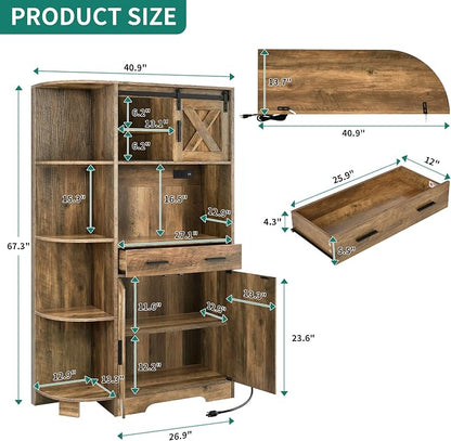 YITAHOME 67" Farmhouse Pantry with Power Outlet & Sliding Barn Door, Oak | Freestanding Hutch with Charging Station, Shelves & Drawer for Kitchen and Dining Room