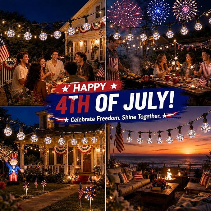 Vigdur 22Ft Patriotic String Lights, Red White Blue Globe String Lights Connectable with 10 Plastic Shatterproof LED Bulbs for Independence Day Patriotic Holidays Decoration