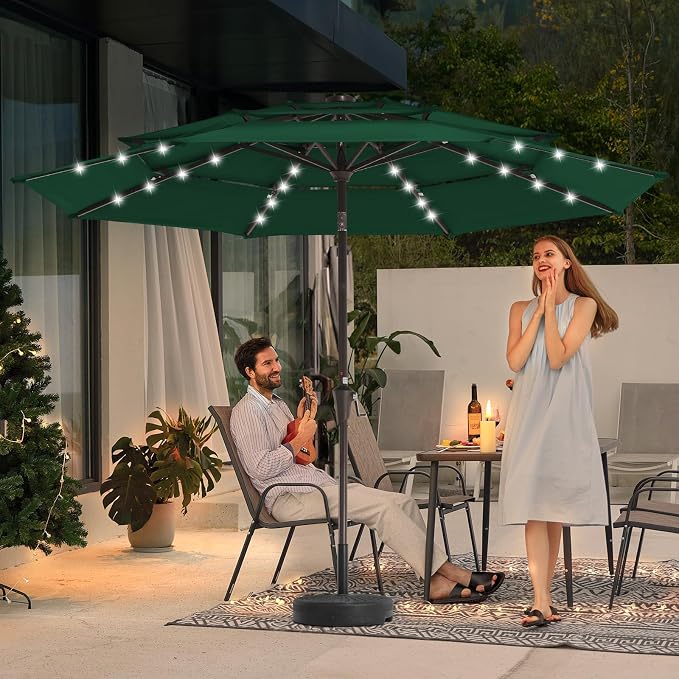 JEAREY 9 ft 3-Tier Outdoor LED Lighted Patio Umbrella w/Crank, Dark Green | Solar Market Table Umbrella with 8 Sturdy Ribs, UV Protection Waterproof Sunproof for Garden, Deck and Backyard