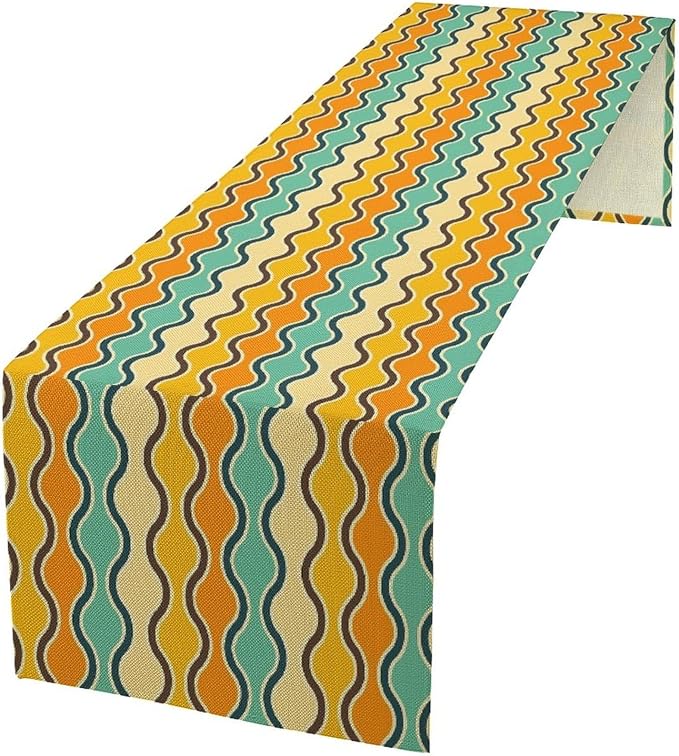 Orange Yellow Turquoise Coffee Table Runner for Kitchen Dining Table Mid Century Geometric Stripes for Kitchen Dining Modern Tables Decor 13x120in