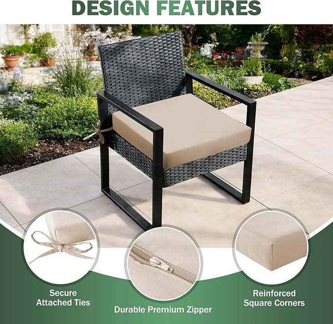 Outdoor Chair Cushions Set of 2, 19x19x3 Inch Waterproof & Fade Resistant Patio Furniture Seat Cushions with Ties, Square Outdoor Dining Chair Cushions for Lawn, Garden, Deck & Yard, Beige