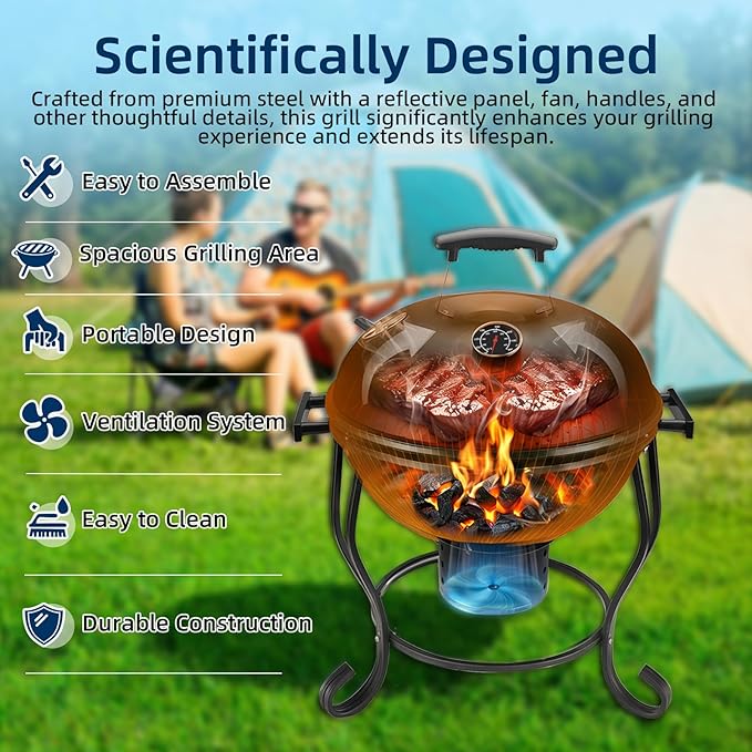Portable Charcoal Grill with Built-In Thermometer, Adjustable Air Vent & Easy Cleanup, Portable BBQ Grill for Camping, Tailgating, Picnics and Small Backyard Cookouts, Easy-to-Carry Outdoor Grill