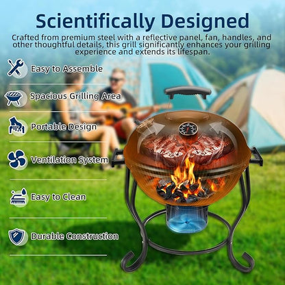 Portable Charcoal Grill with Built-In Thermometer, Adjustable Air Vent & Easy Cleanup, Portable BBQ Grill for Camping, Tailgating, Picnics and Small Backyard Cookouts, Easy-to-Carry Outdoor Grill