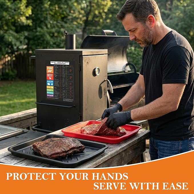 FIRE RIOT Grilling Prep & Serve Trays Set, BBQ Trays for Marinating Raw & Cooked Food with 50 Nitrile Gloves & Meat Smoking Guide, Dishwasher Safe