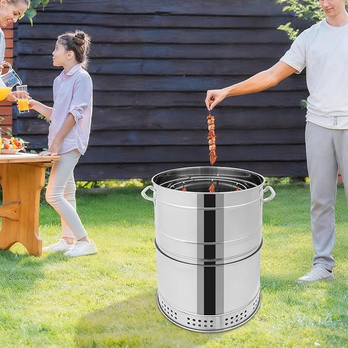 Large Portable Charcoal Grills, Stainless BBQ Grill Barrel for Outdoor Cooking, Portable Barbecue Grill Smoker for Camping, Backyard, Patio, Picnic, Hiking, Hanging Charcoal Oven with Lid